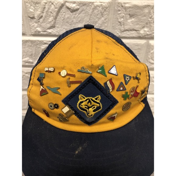 Vtg BSA Cub Scouts Snapback Cap Hat with 22 Achievement Pins Sports Mountain - Picture 1 of 8